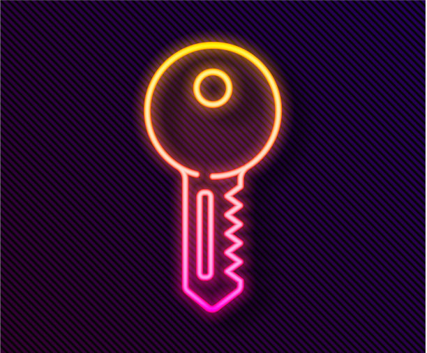 发光的霓虹灯线房子钥匙图标孤立在黑色图片下载