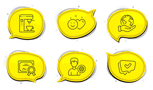 咖啡机支持和批准的图标集图片下载