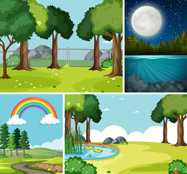 四个不同的场景在自然背景卡通图片下载