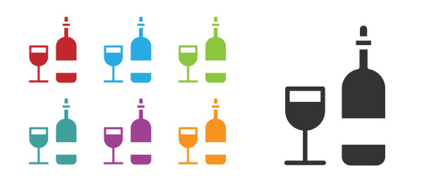 黑色葡萄酒瓶与玻璃图标隔离图片下载
