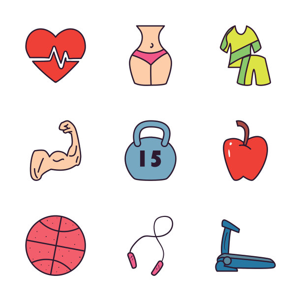 健康和运动线和填充风格的图标集图片下载