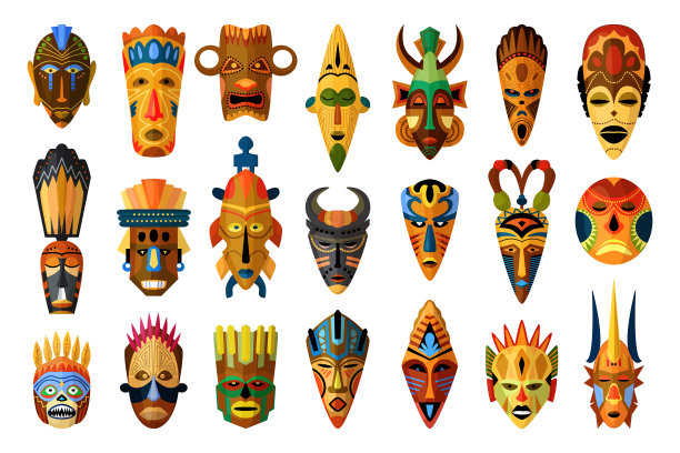 非洲面具设置孤立的白色背景图片下载