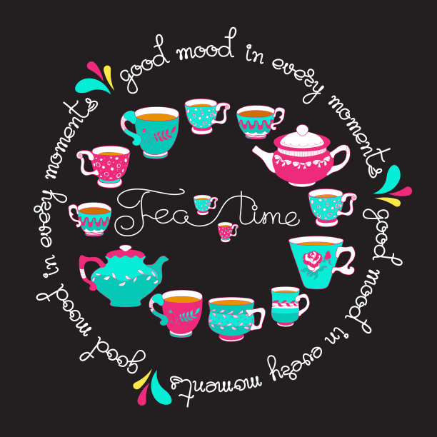 茶时间字母与杯孤立上黑色图片下载