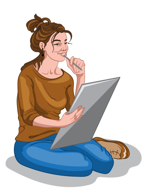 穿着棕色毛衣和蓝色牛仔裤的年轻画家女孩图片下载