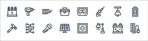电工工具和线条图标线性集合图片下载