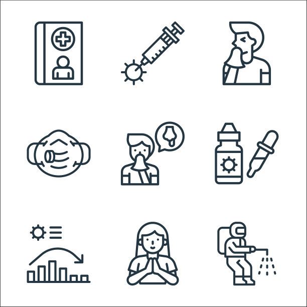 扁平冠状病毒流行线图标线性集图片下载