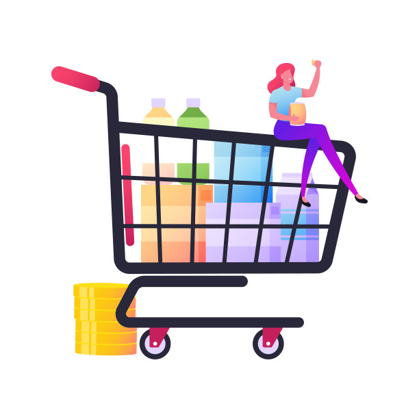 小小的女性角色坐在巨大的购物中心上图片下载