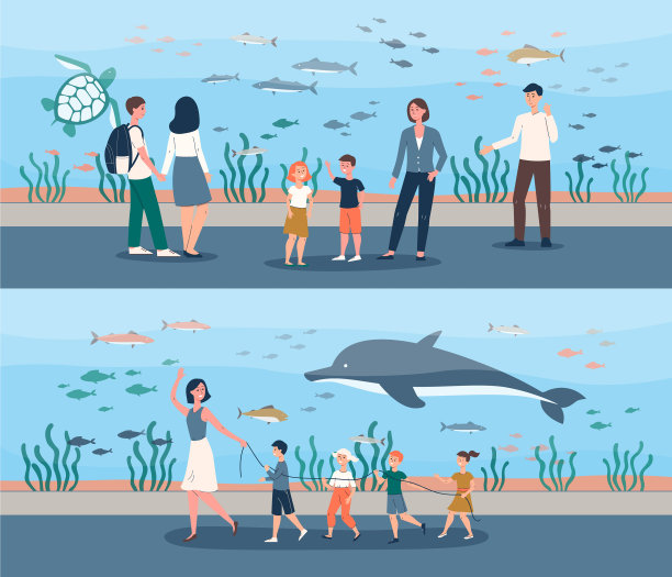 人们在巨型水族馆，学校旅行和图片下载