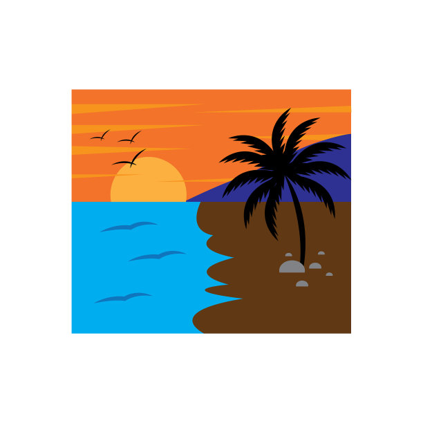 日落椰子树五颜六色的海滩设计图片下载