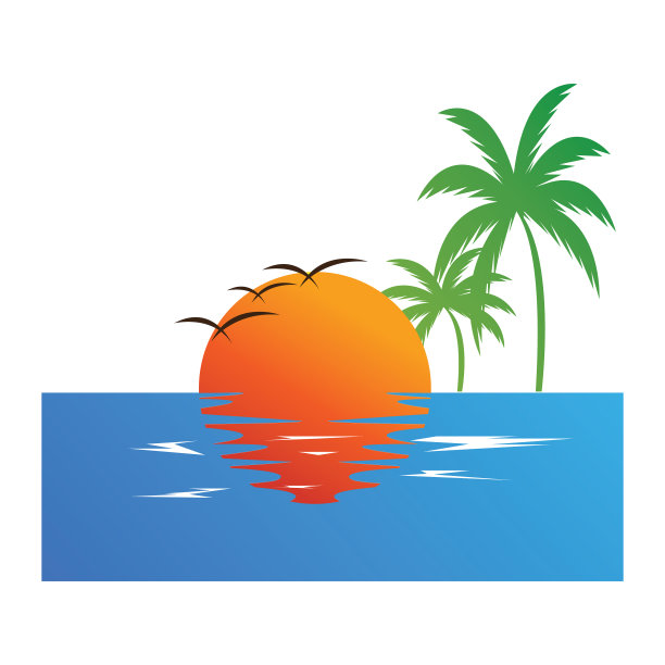 日落椰子树五颜六色的海滩设计图片下载