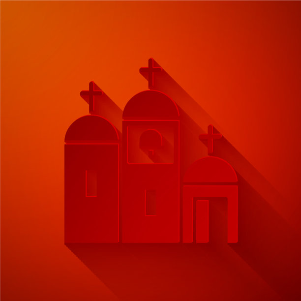 剪纸教堂建筑图标孤立在红色图片下载