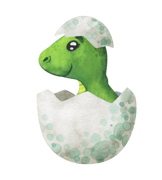 绿色的小恐龙从蛋里孵出来。卡通恐龙在一个壳。儿童的水彩插图孤立的白色背景。可爱的人物装饰，贴纸，印有历史动物图片下载