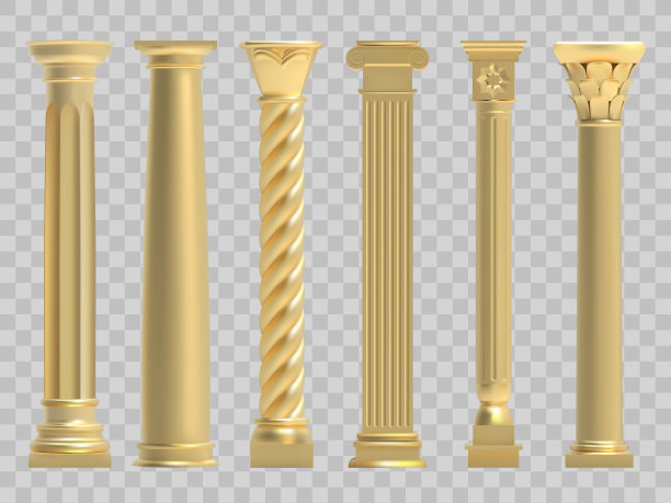 古列。写实的金色希腊古柱，古典的历史柱。古董建筑金柱子矢量插图集图片下载