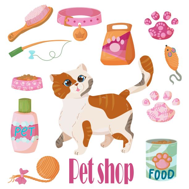 为猫或狗准备的一套大的物品。玩具动物。动物配件手绘元素从一套涂鸦。孤立的插图上的白色背景。图片下载