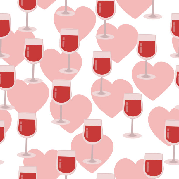无缝模式的酒杯葡萄酒和心，葡萄酒杯与红色饮料在白色的背景图片下载