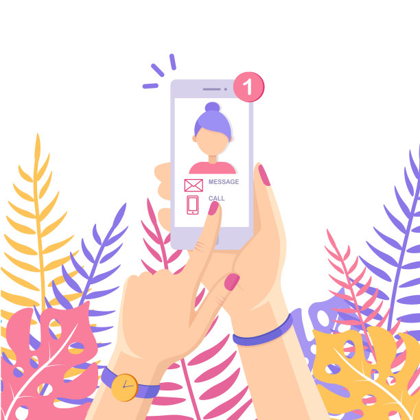 白色智能手机与信息，电话通知屏幕上。展示女性照片。手机提醒新邮件。矢量动画设计图片下载