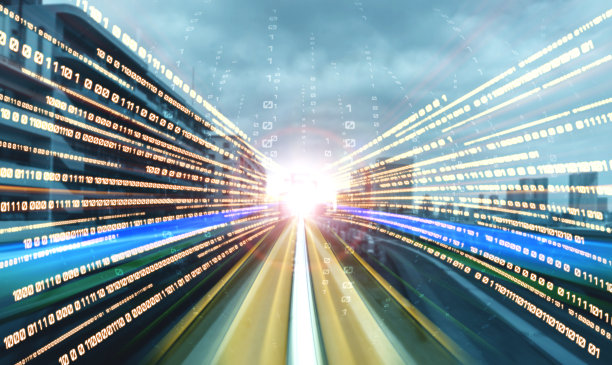数字数据流与运动模糊的道路，以创建快速传输的视觉图片下载