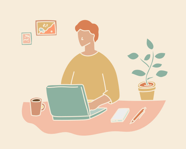 居家办公的女人插画（笔记本电脑、咖啡、植物、便笺、笔等）图片下载
