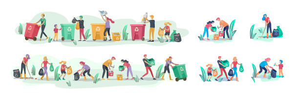 人们和孩子们回收分类有机垃圾图片下载