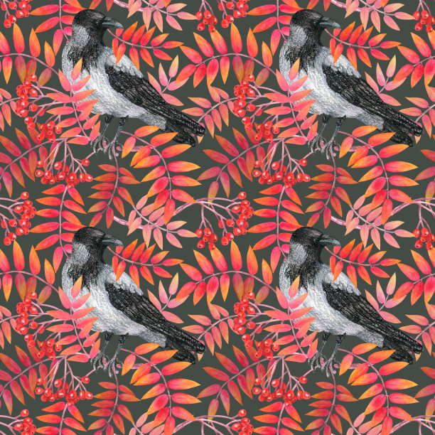 无缝模式与
浆果，白蜡树的树枝和灰色乌鸦。水彩插图。印刷用于墙纸设计，织物，纺织品，包装。图片下载