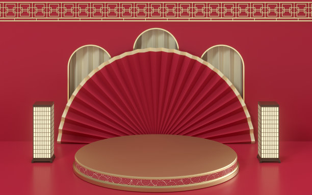 空旷的营销舞台，中式风格，3d渲染。素材图片