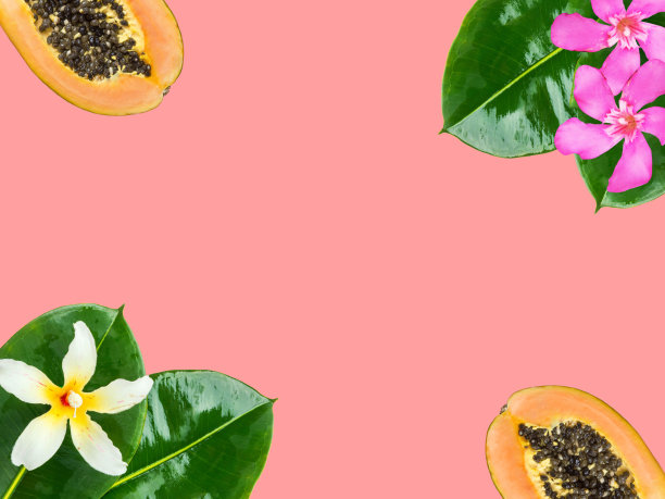 成熟多汁的木瓜，紫红色的花，白色的花，绿色的棕榈叶，粉红色的背景。热带自然水果暑假乐趣图片下载