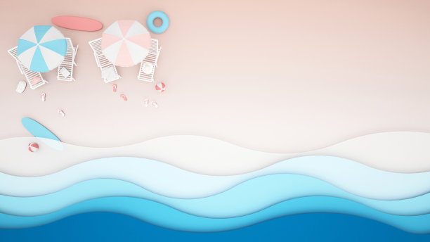 海滩床和在海滩上玩水的设备-艺术品夏季-剪纸或工艺风格- 3D插图图片下载