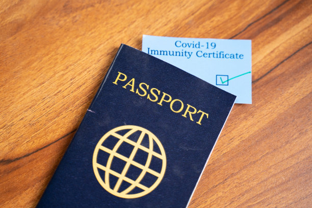 选择性集中在护照上，将2019冠状病毒免疫证明单放在护照内。图片下载