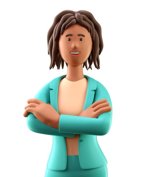 3D插图的非洲裔美国妇女与双臂交叉。近距离的卡通女商人肖像，孤立的白色。图片下载