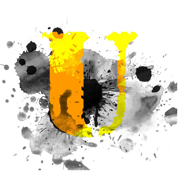 字母U，陆军字母排版设计，黑色和黄色墨水喷溅垃圾水彩喷溅，孤立在白色，垃圾背景，设计元素图片下载