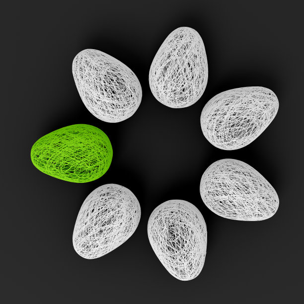 复活节的音乐会。几只鸡蛋由许多细线织成，涂上鲜艳的颜色，放在一个简单的黑色背景上，摆成一个圆圈，上面有一个复制空间。三维演示图片下载