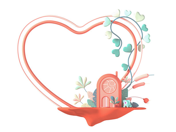 情人节主题的概念艺术。一个心形的卡通房子，在一个岛上，有花和一个圆形的框架。三维演示图片下载