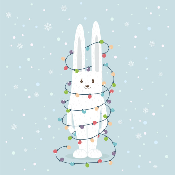 蓝色背景的圣诞彩灯兔子图片下载