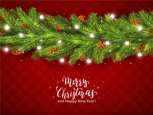 红色背景与冷杉树枝和白色图片下载