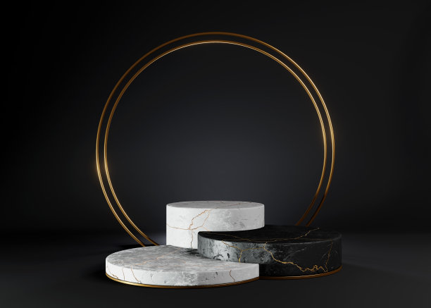 3d渲染插图的黑色和白色大理石讲台上的黑色背景图片下载