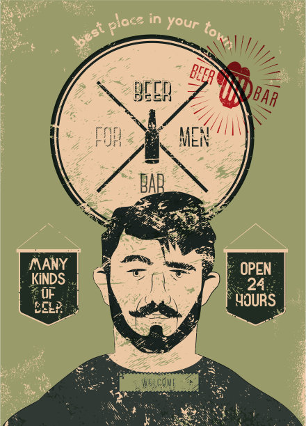 复古垃圾摇滚风格的啤酒酒吧海报与男人图片下载
