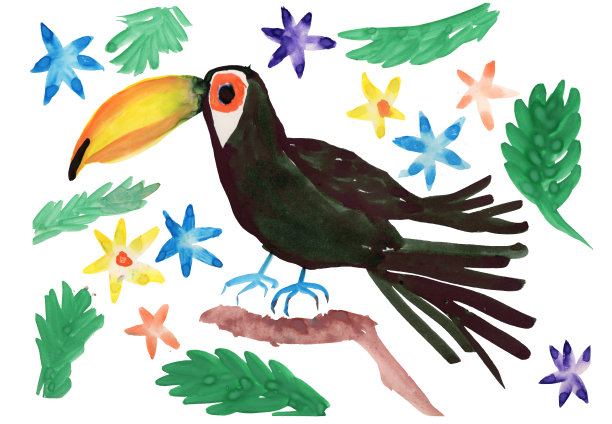 一套水彩画元素为热带图案设计。插图巨嘴鸟，鸡蛋花，丛林树枝和棕榈叶孤立在白色的背景。旅游手册封面图片下载