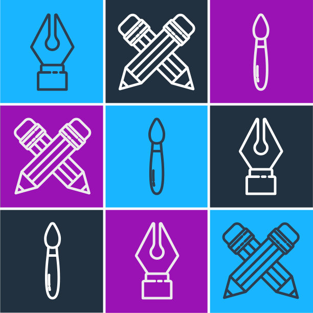 铅笔画线，钢笔笔尖，油漆笔刷和十字线图片下载