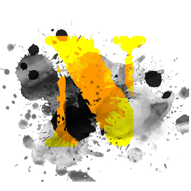 字母N，陆军字母排版设计，黑色和黄色墨水喷溅垃圾水彩飞溅，孤立在白色，垃圾背景，设计元素图片下载