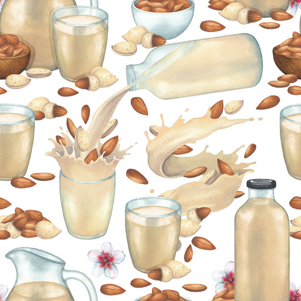 水彩无缝模式的玻璃杯，水壶和瓶子与牛奶和杏仁坚果泼溅。图片下载