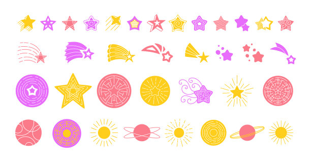 星星涂鸦图标设置明亮的颜色平图片下载