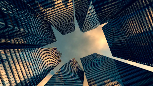 透视未来的钢浅蓝色玻璃高层建筑摩天楼城市。商务和旅游的行业技术架构概念。3 d渲染。三维演示图片下载