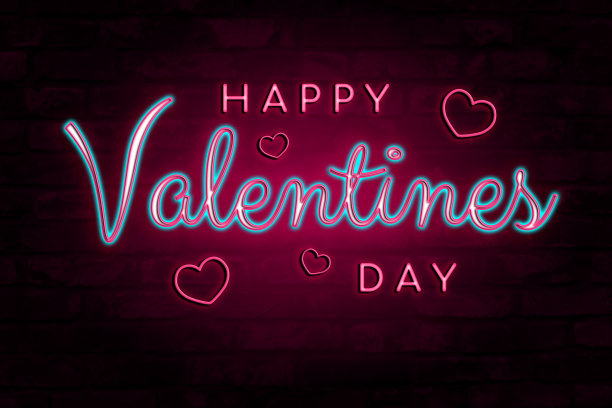 砖墙背景上，闪烁着粉红色和蓝色的“情人节快乐”字样图片下载