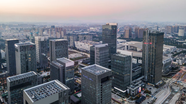 鸟瞰图宁波城市黄昏建筑景观天际线图片下载