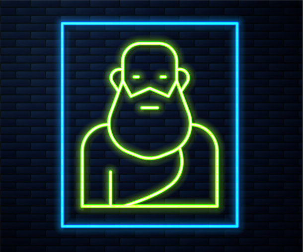 发光的霓虹线，苏格拉底图标孤立在砖块上图片下载