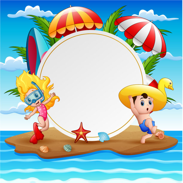 有孩子和空白标志的海滩岛图片下载