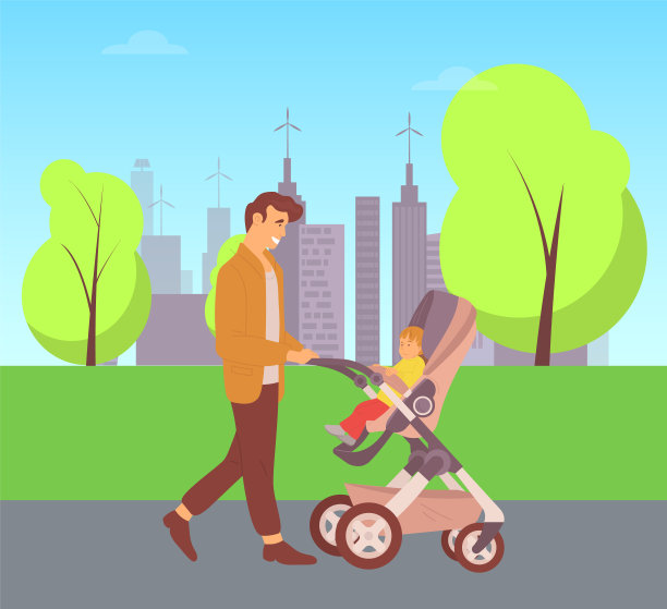父亲在婴儿车中行走的孩子，城市步行图片下载