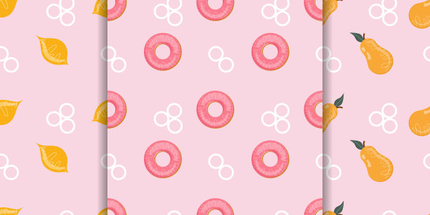 一套卡通风格的食物无缝图案。食物，甜点和水果。柠檬，梨和甜甜圈设计图片下载