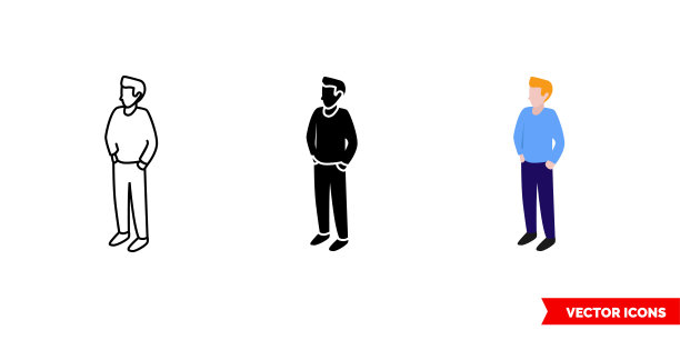 3种颜色的男人图标，黑白，轮廓。孤立矢量符号图片下载