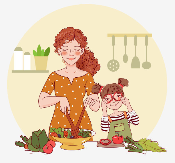 母亲和她的小女儿准备食物在室内厨房。快乐的家庭玩得开心图片下载